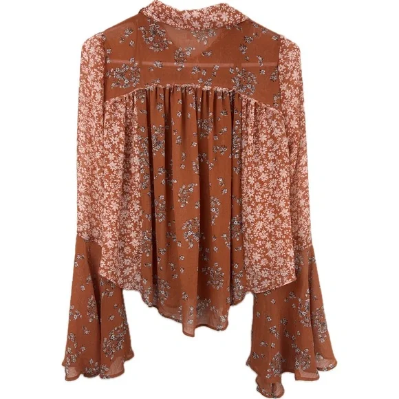 Free People Serena Printed Bell Sleeve Button Down Blouse Rust Size XS - Picture 2 of 6
